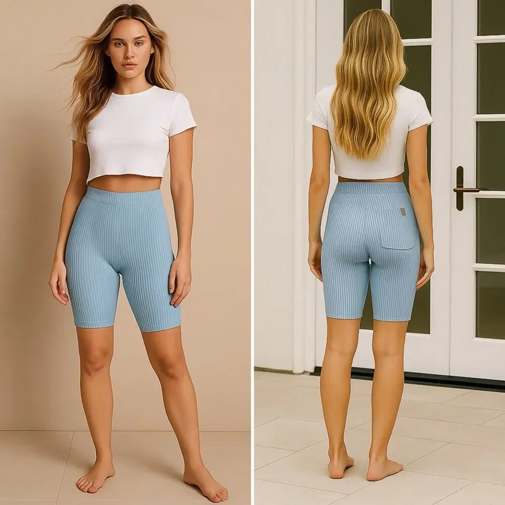 LUNYA Cozy Cotton Silk Ribbed Bike Short Chilled Blue High Rise Pocket XL NEW
